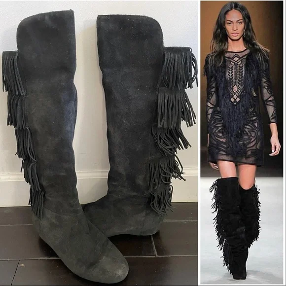 🖤sold🖤Isola Tavora Black Fringe Tall Wedge Boots Womens Size 8.5 - Picture 1 of 7
